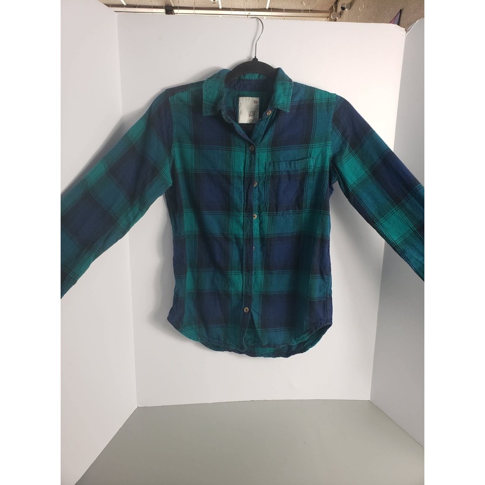SO Cozy Shirt Womens XS Teal Navy Blue Plaid‎ Flannel Button Down Long Sleeve